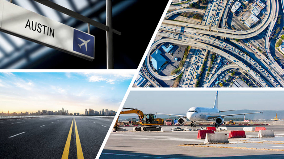 Collage with four images. First image shows an airport sign for Austin. Second image shows a highway interloop. Third image shows a highway pavement. Fourth image shows airfield pavement.